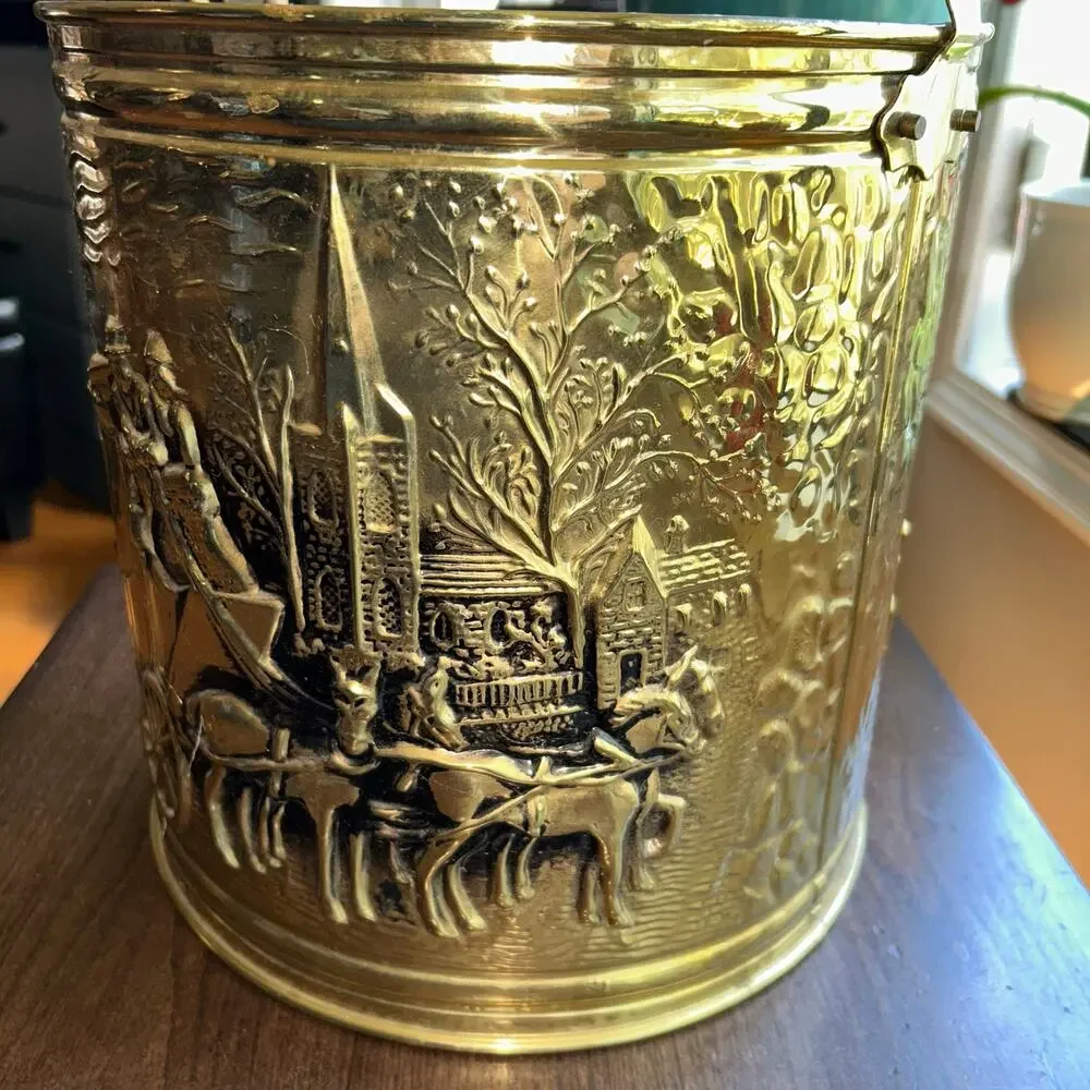 Vintage MCM Brass Coal Bucket England gold tone embossed coach and horses